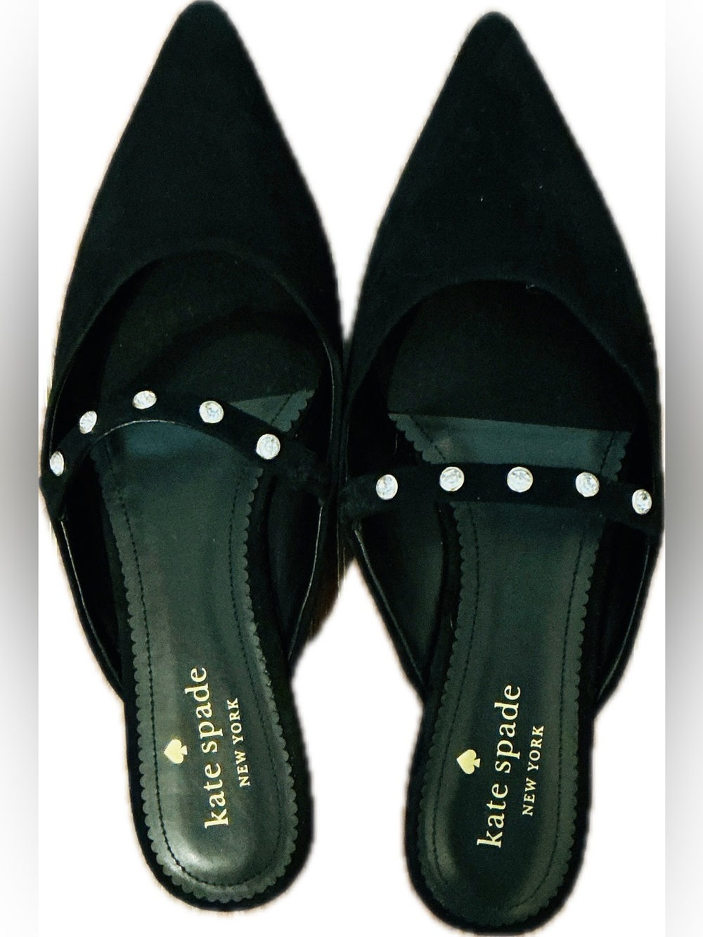 kate spade Black Suede Pointed Toe Mules with Crystal-Studded Strap